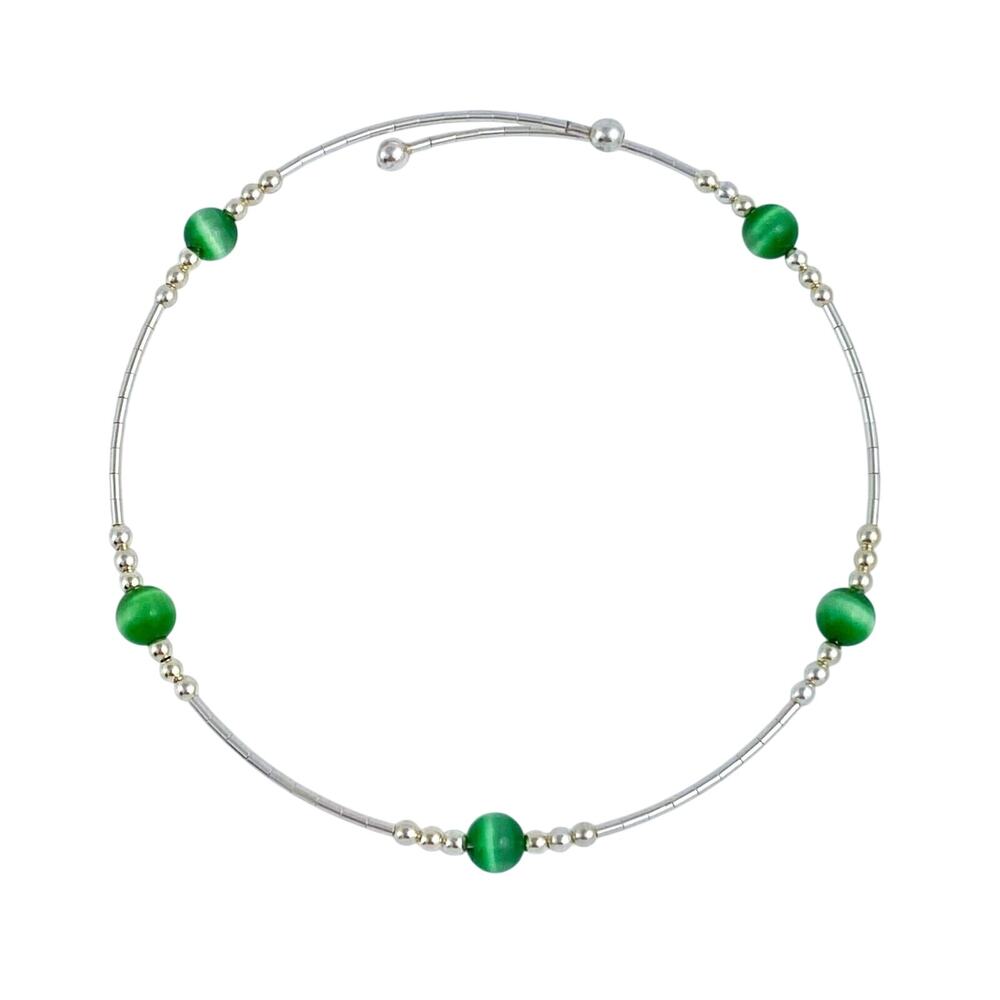 Vintage Sterling Silver 925 Green Cat’s Eye Memory Wire Bracelet 7.5"